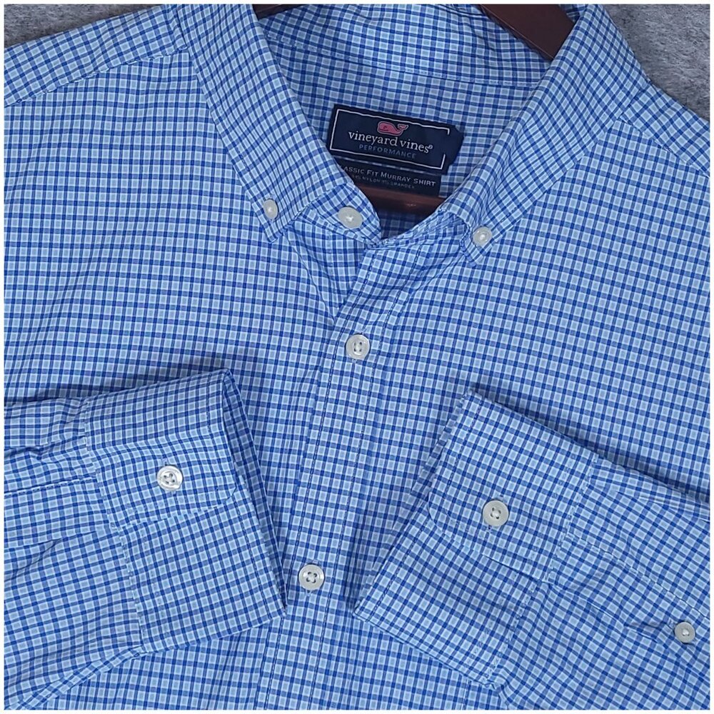 Vineyard Vines Men's 2XL Murray Blue Check Long Sleeve Stretch Performance Shirt